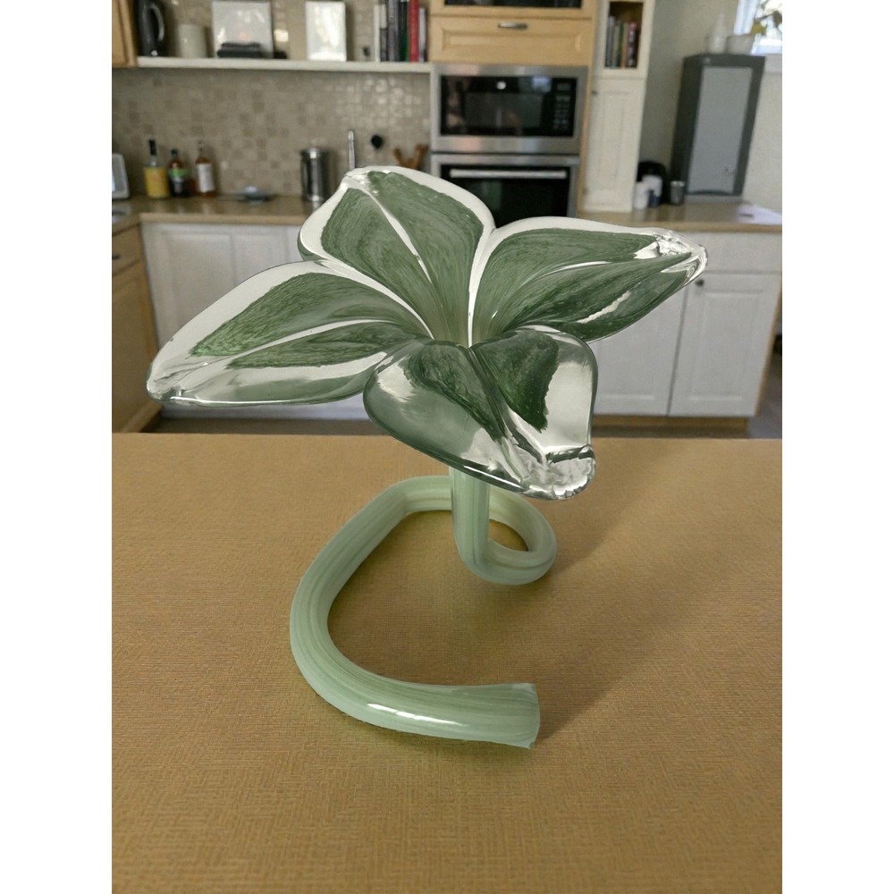 Handblown Art Glass Flower Sculpture‎ – Green & Clear – Unmarked